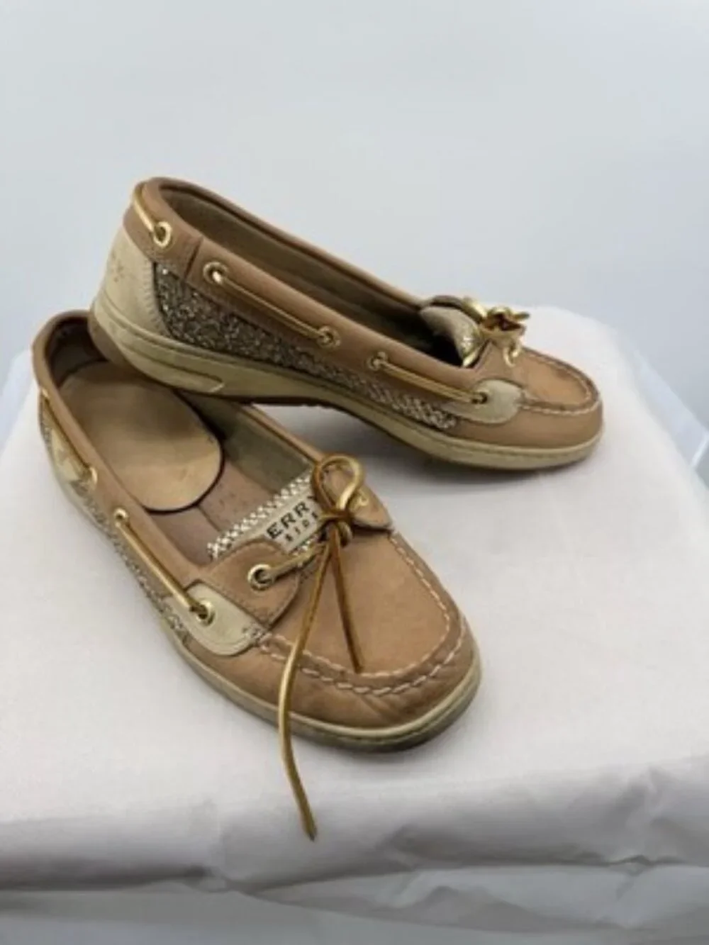 Angelfish Linen Gold Glitter Sperry Loafer Boat Shoes size 7.5W